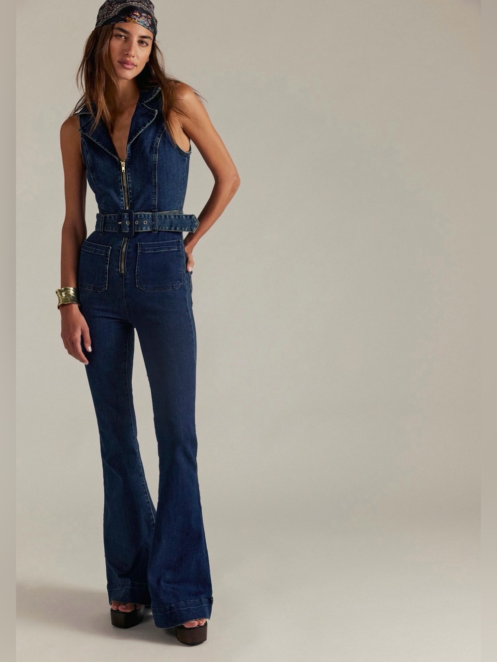 Show Me Your MuMu Jacksonville Denim Zip Jumpsuit with Belt in Thunder LONG